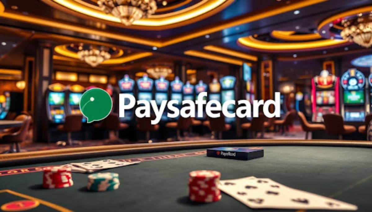 Paysafecard slogan above casino table with cards and chips