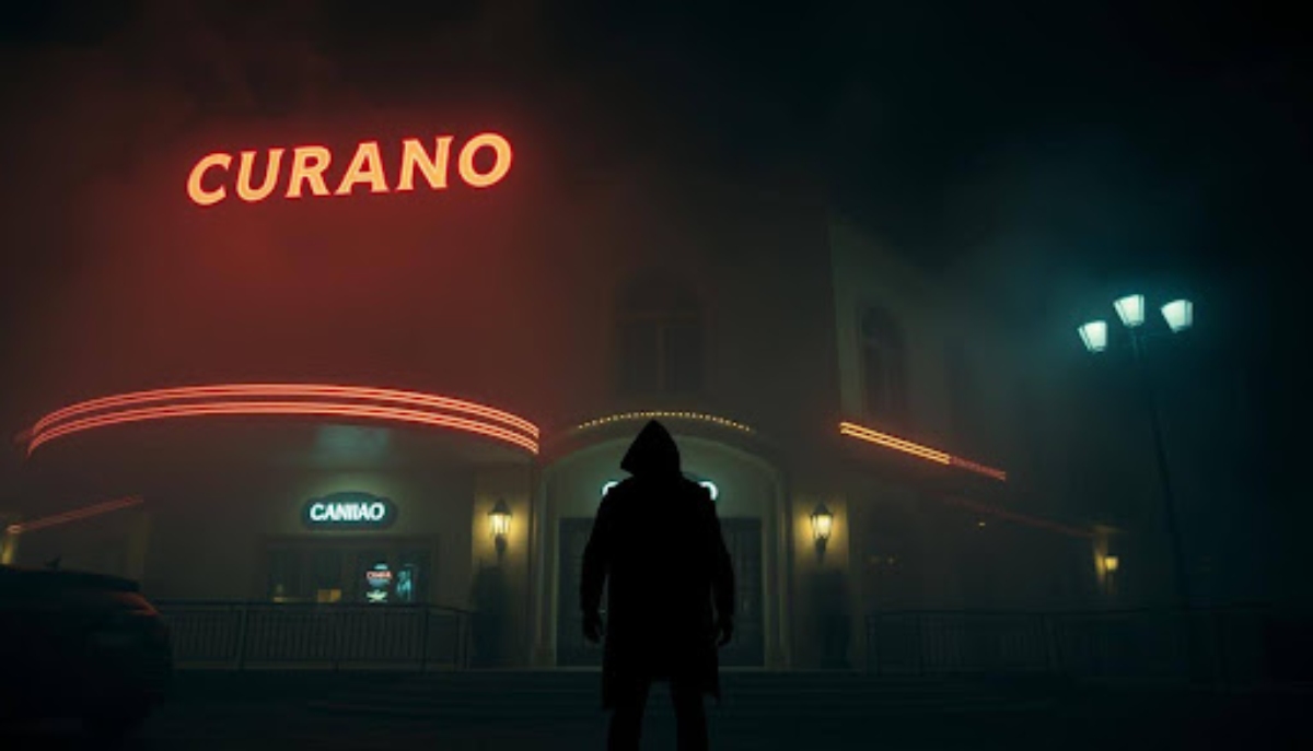 hooded person in front of a casino