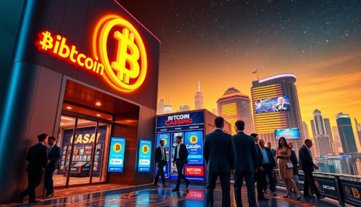 people in suits standing in front of bitcoin casino