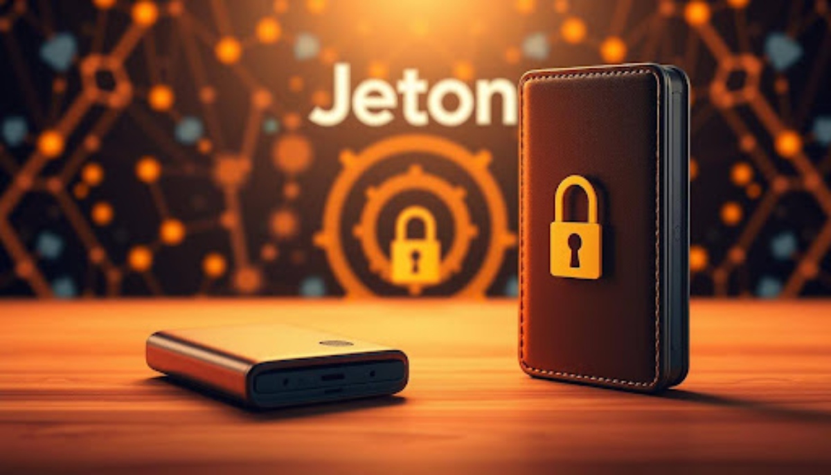 hard drive on wooden table with "jeton" written in background
