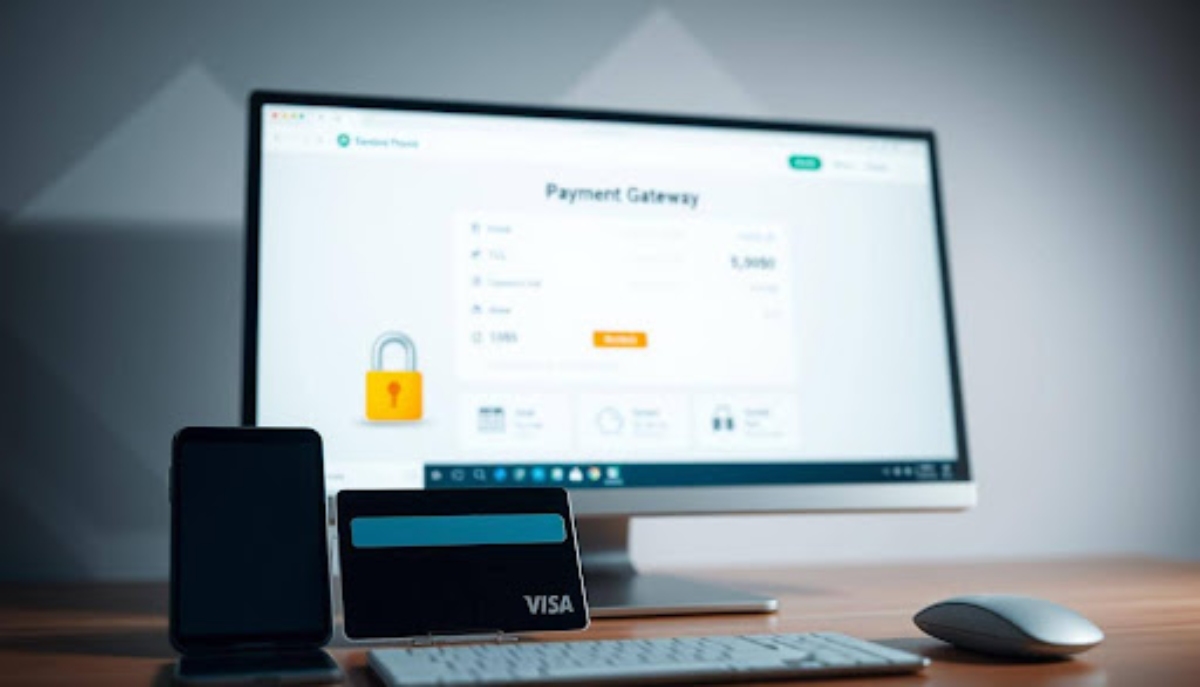 keyboard and visa card in front of monitor displaying a lock