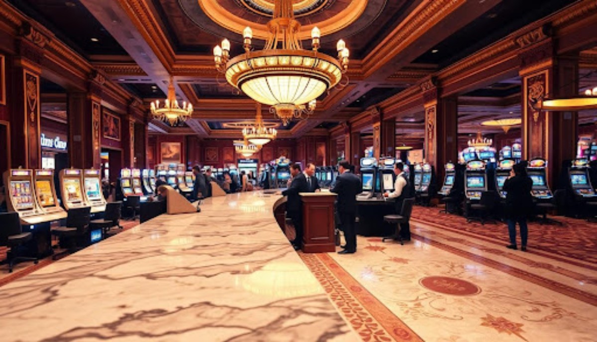 casino with marble floor and many slot machines