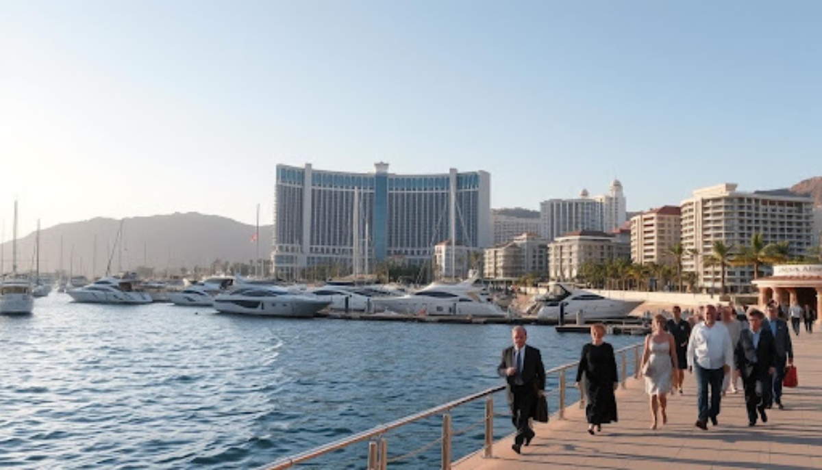 crowd walking along the sea with yachts in background