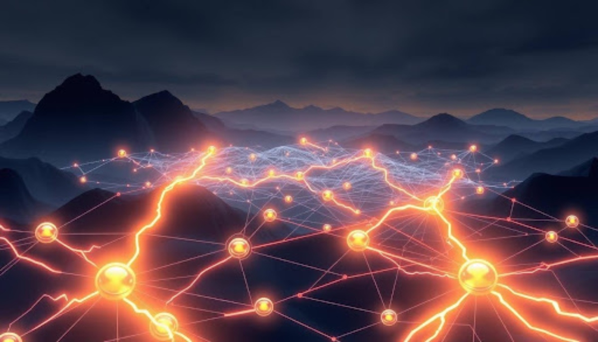 Mountains with electric connections accross the landscape