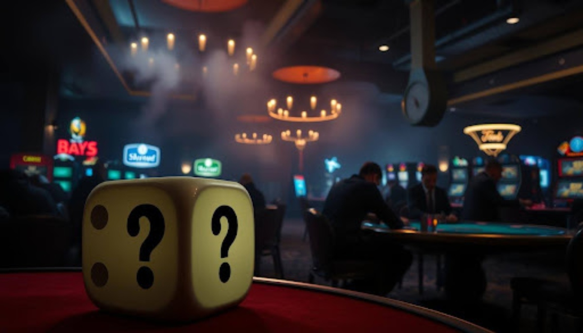 dice with question marks on table in casino