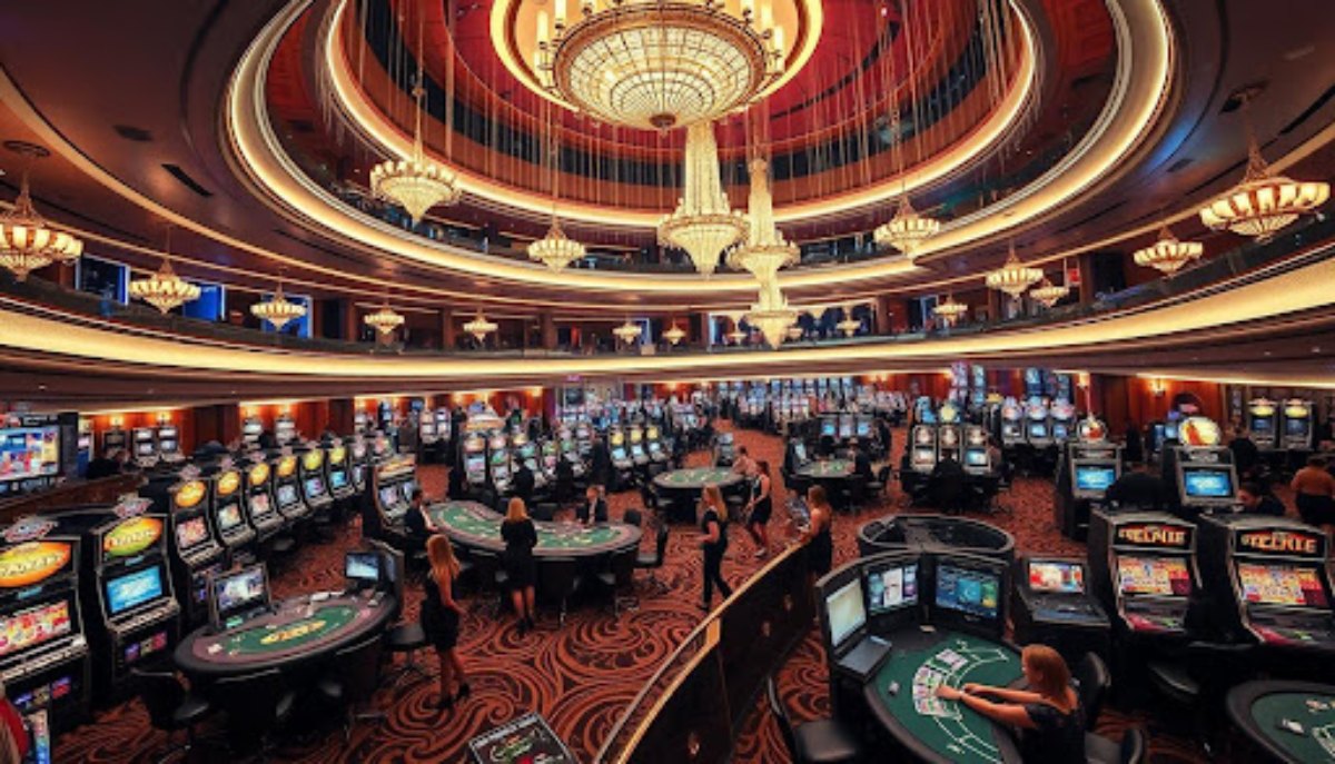 big round casino with red carpet, chandelier and many slot machines
