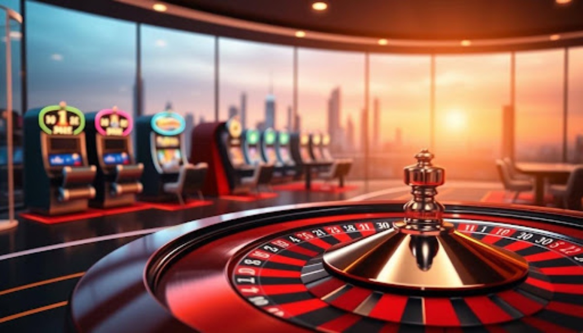 Roulette in front of slot machines at a high rise casino