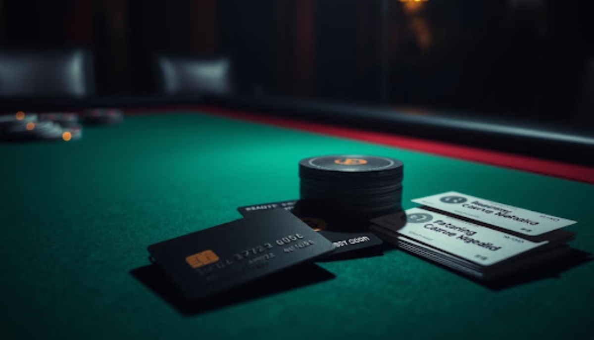 credit card and casino chips on green casino table