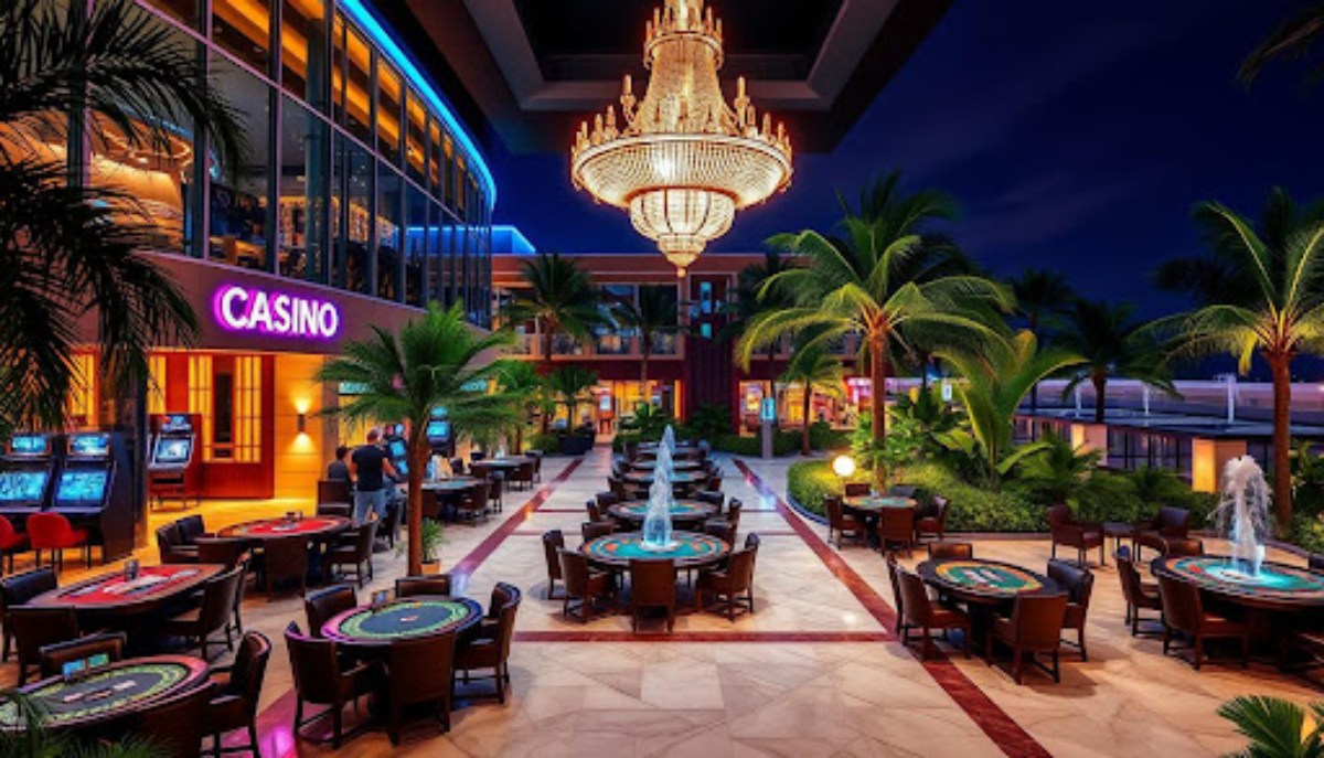 outdoor casino with roulette tables and water fountains