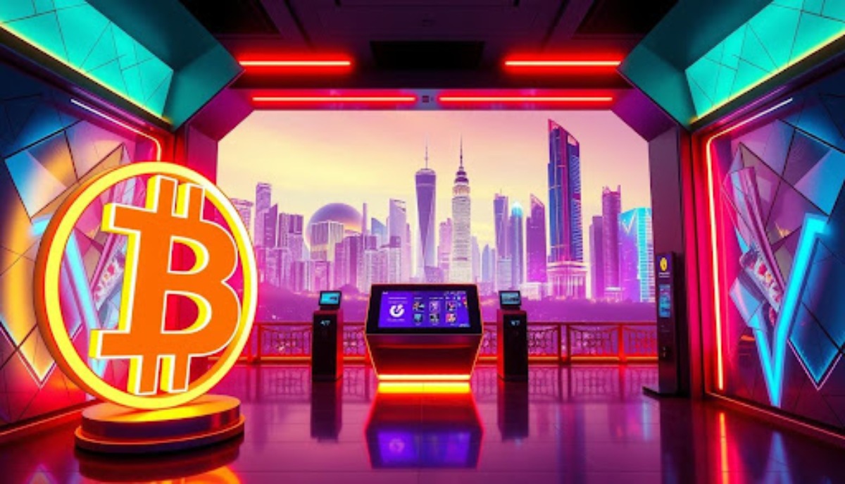 bitcoin logo in room with city skyline in background