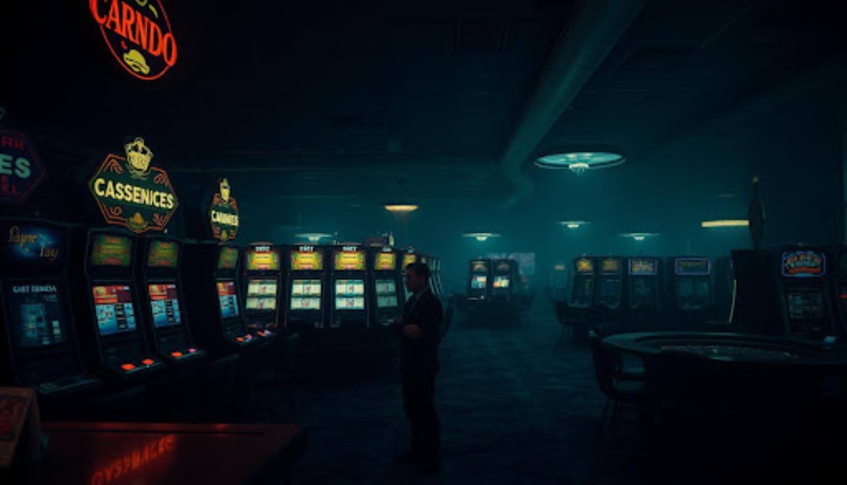 dark casino with man standing in front of slot machines 