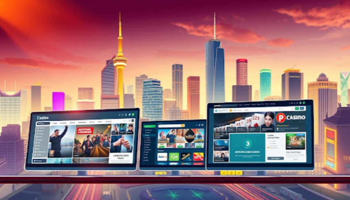 3 monitors displaying casino websites