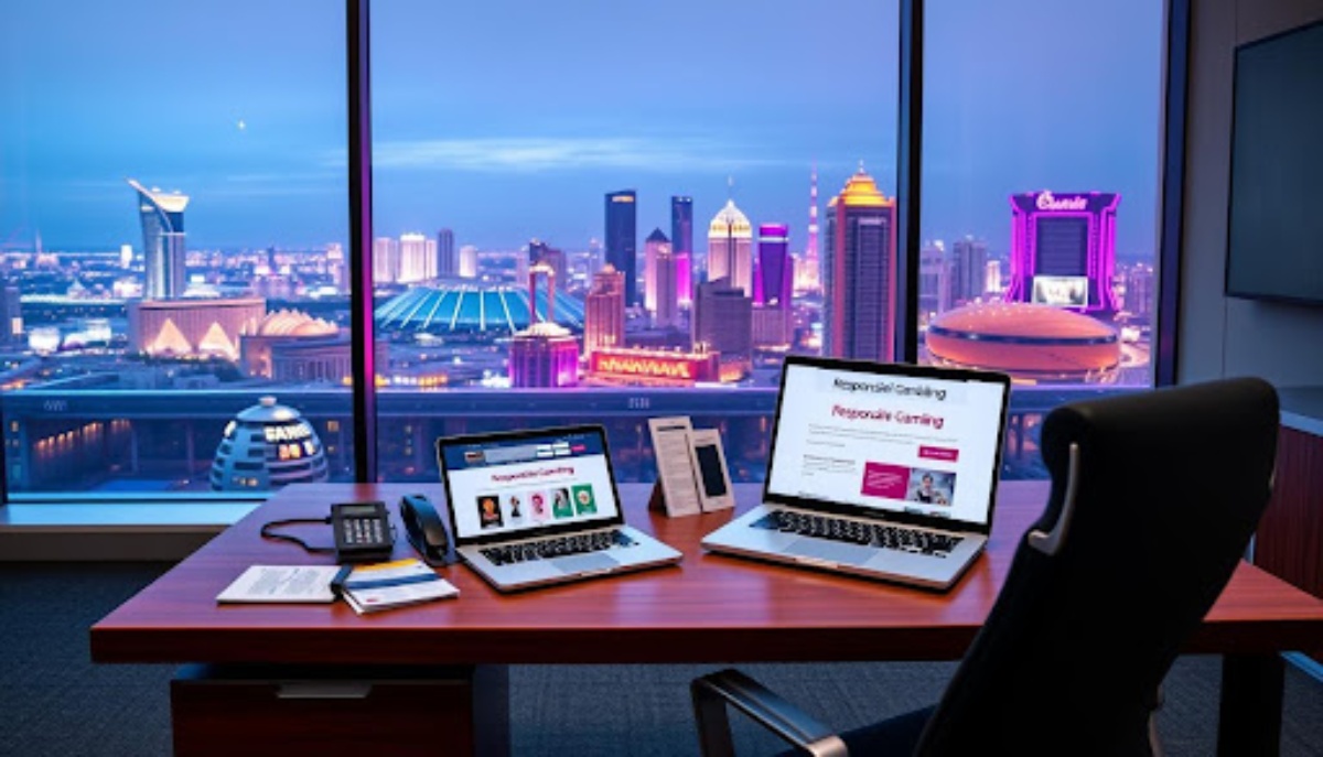 desk with 2 laptops and view of city at night