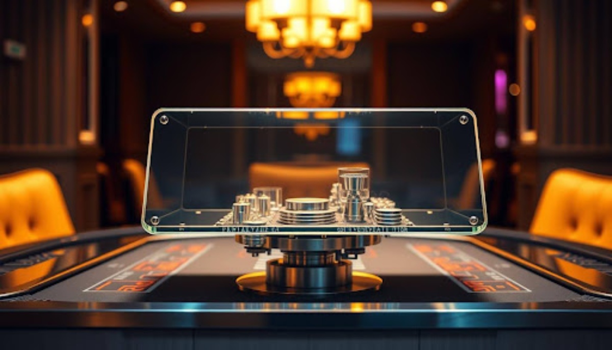 Glass box on casino table displaying silverware
