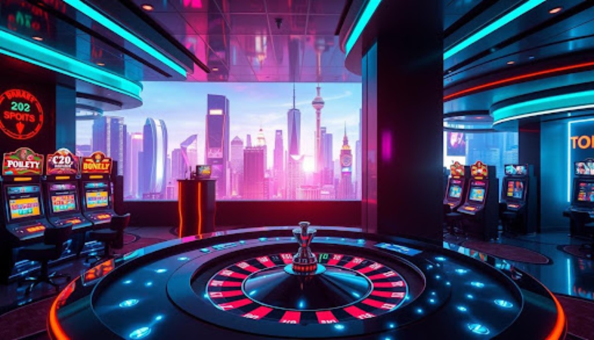 Roulette table in modern casino with slot machines and a skyline in the background