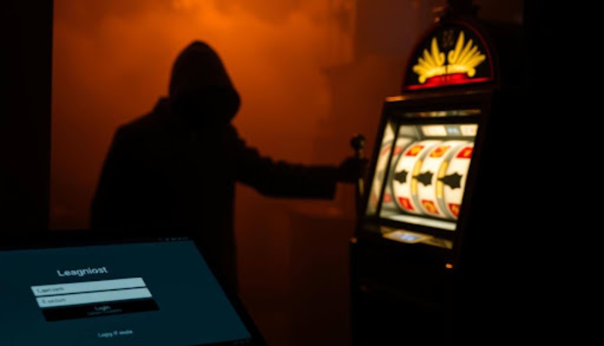 hooded person playing at a slot machine