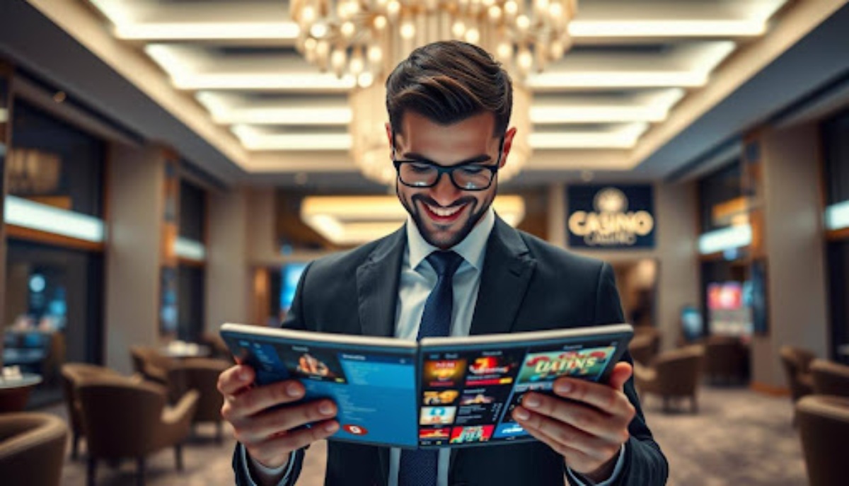man standing in a casino and smiling at a magazine