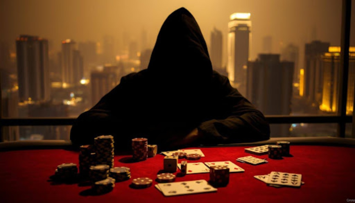 hooded person playing cards with skyline in background