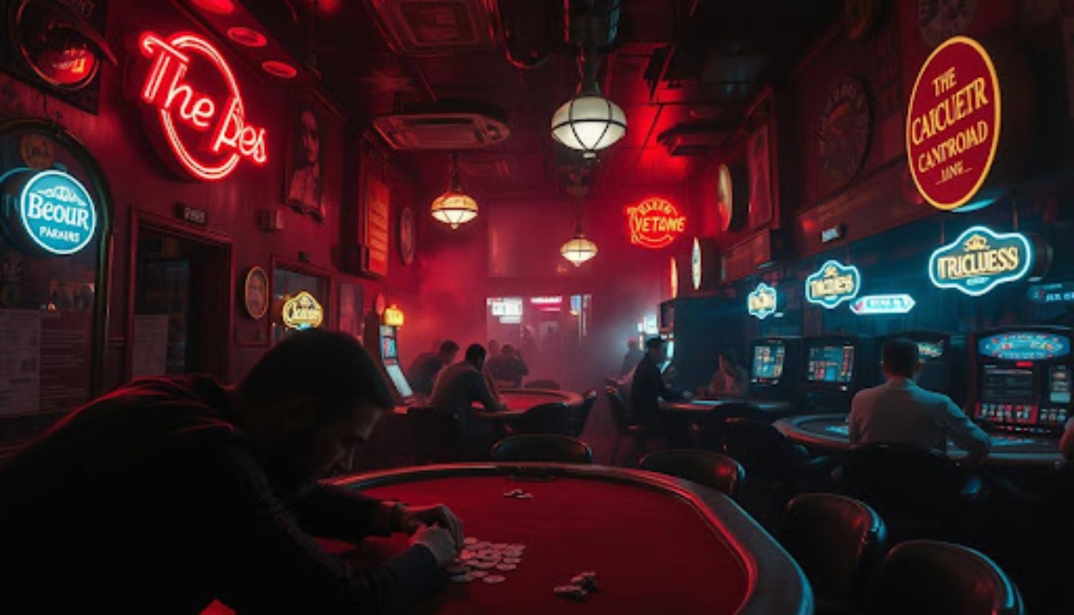 Man with his arms on red casino table inside casino