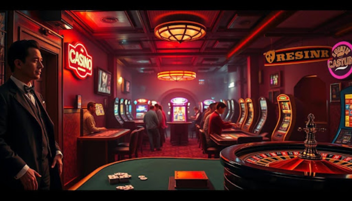 smiling man in suit standing in front of casino table with people playing at slot machines in background