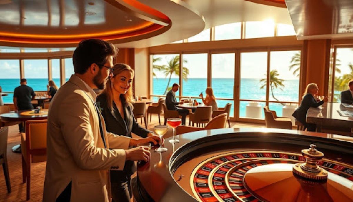 man and woman standing at roulette table with drinks
