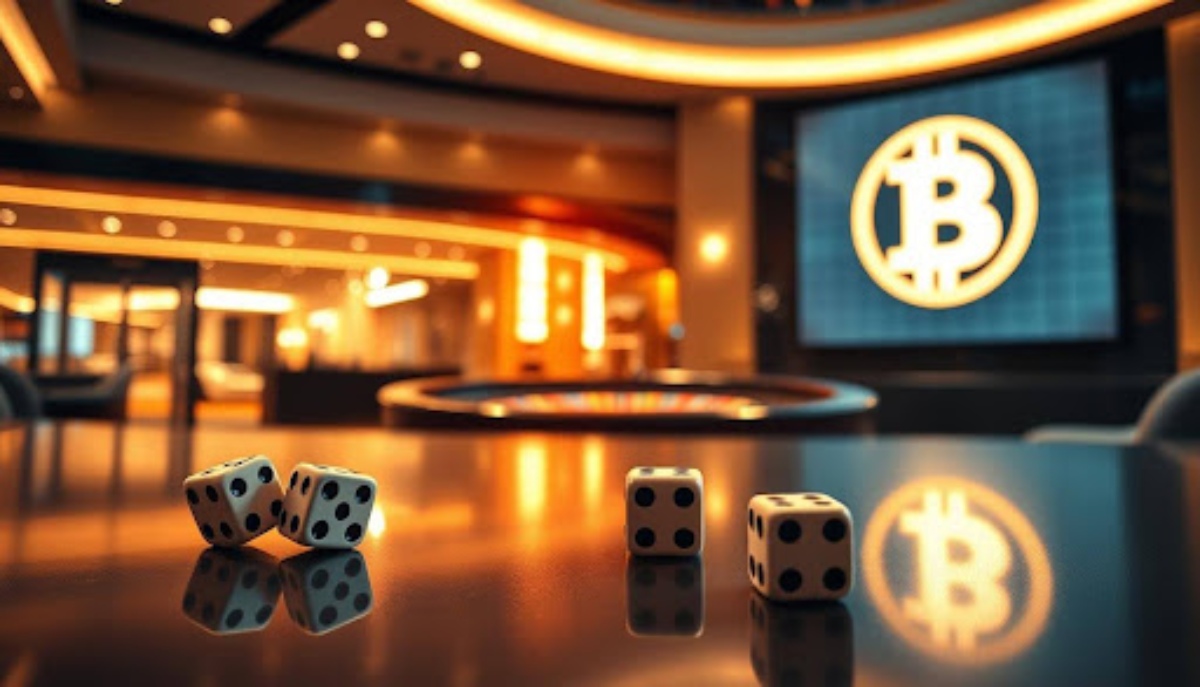 4 Dices on a table in front of a Bitcoin symbol at a wall
