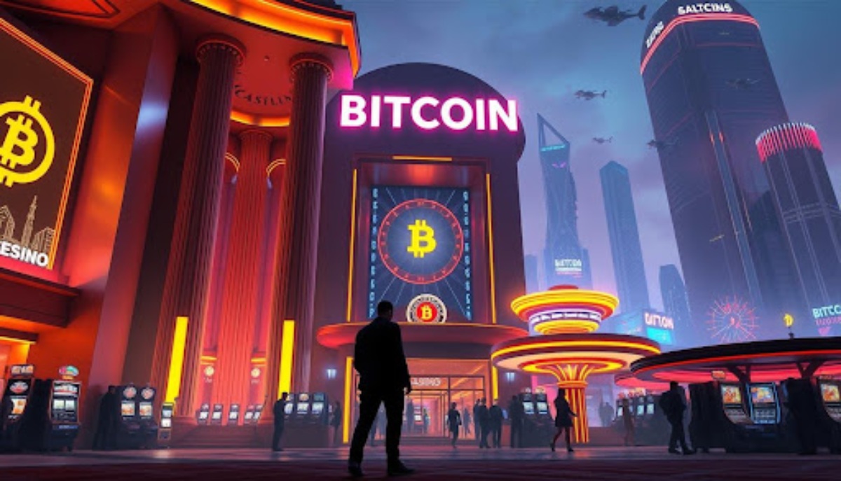 man standing in front of bitcoin casino
