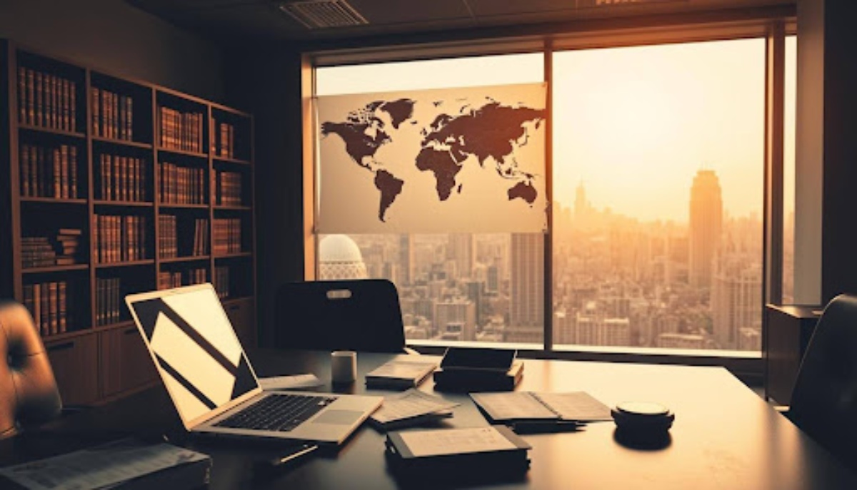 office with laptop on desk and world map on window