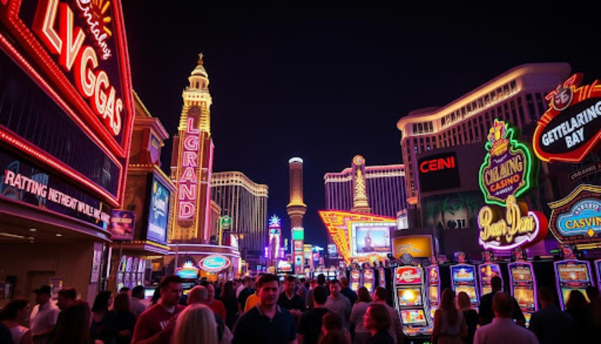 las vegas strip with casinos left and right and people walking around