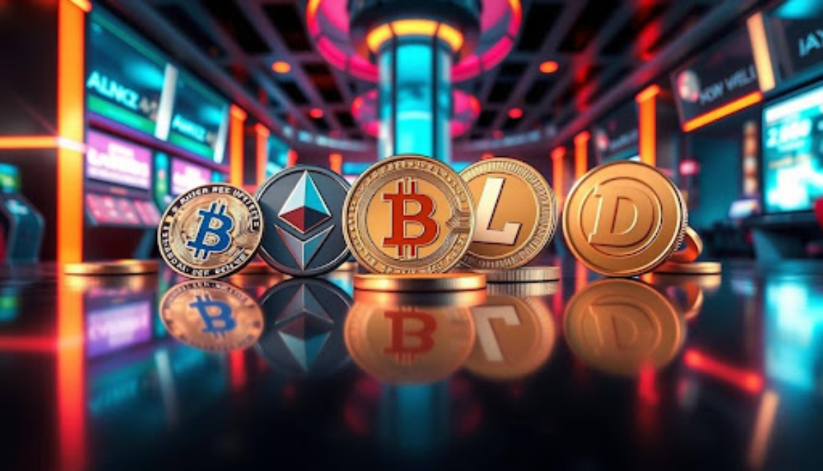 bitcoins, ethereum coins, litecoin coins and dogecoins on table in casino
