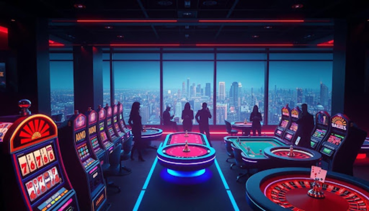 people standing in a high rise casino with slot machines