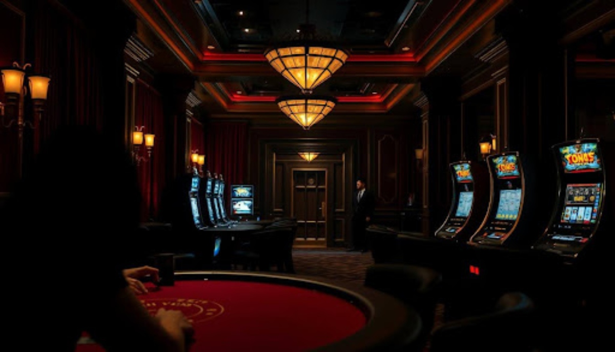 dark casino room with slot machines