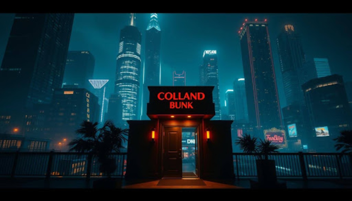 colland bunk door with skyline in background