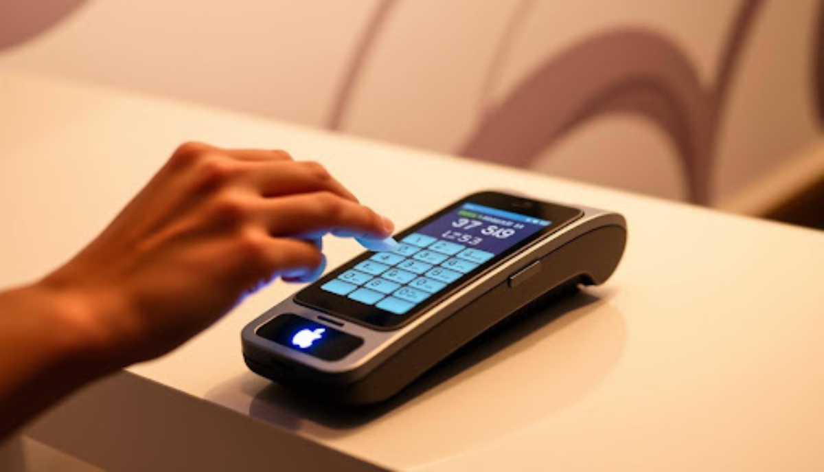 hand operating payment terminal with apple logo