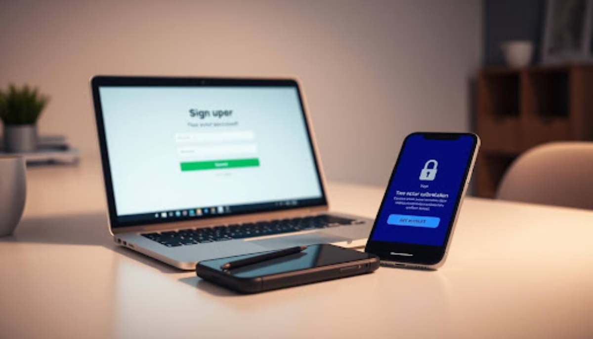2 smartphones with pen and laptop on desk showing sign up page
