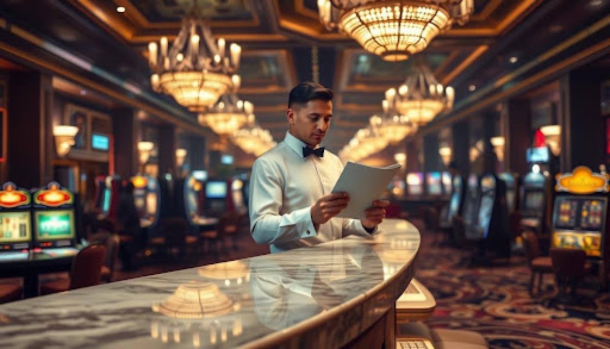 casino employee reading documents at marble reception