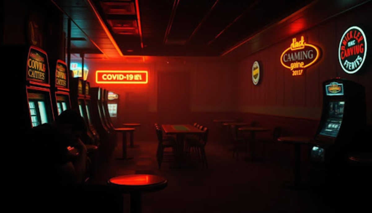 dark slot machine gambling room with red neon light