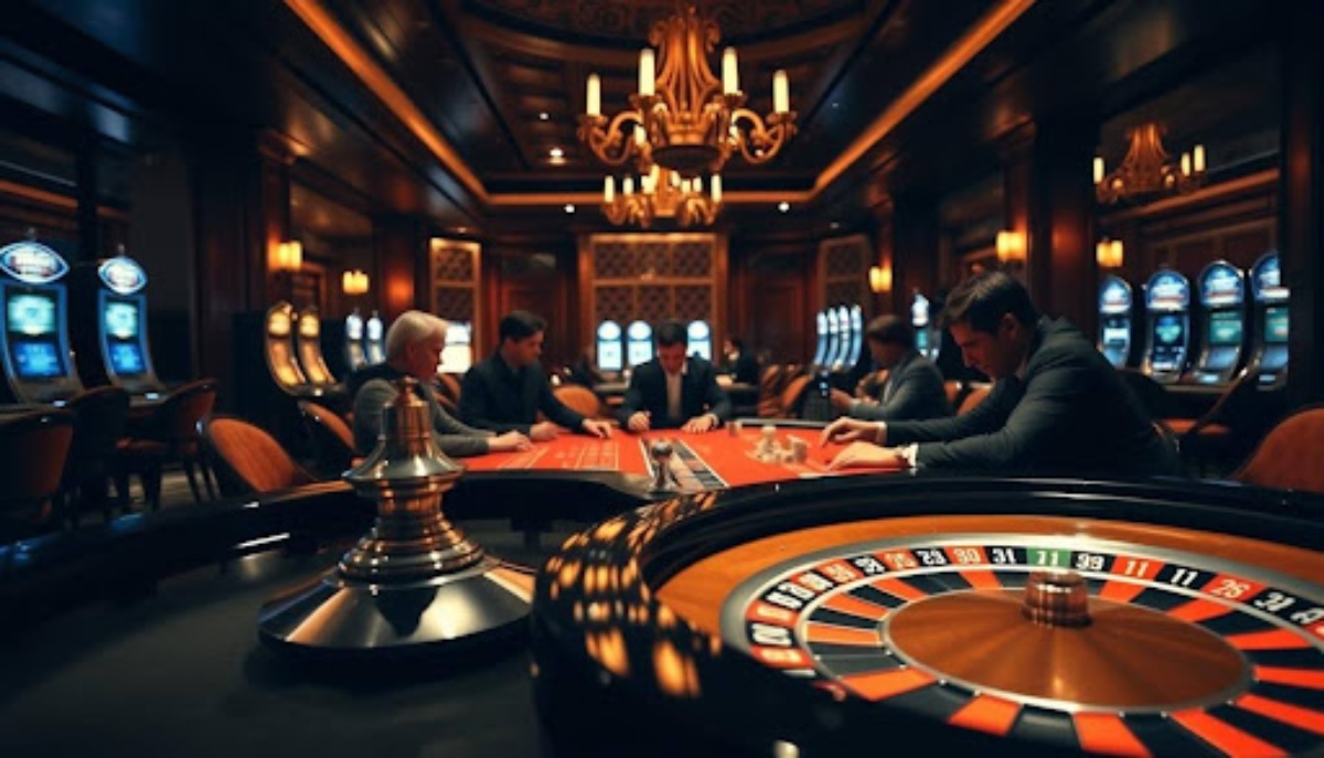 Roulette table with 5 men in suits playing at a casino