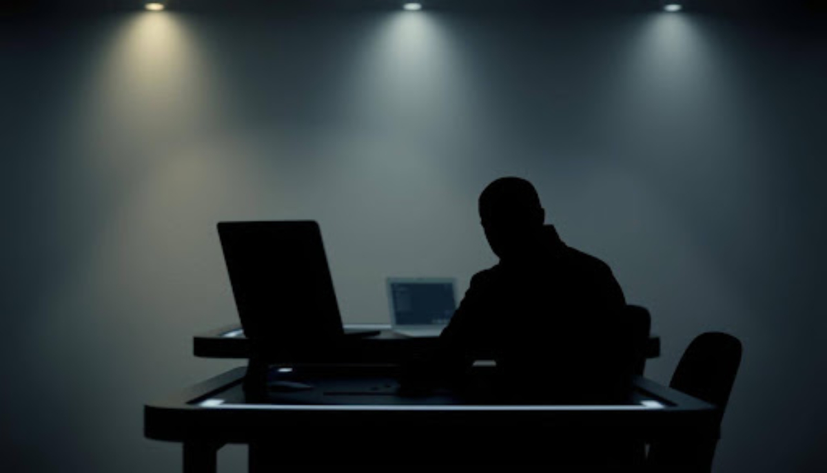 dark person sitting at a desk