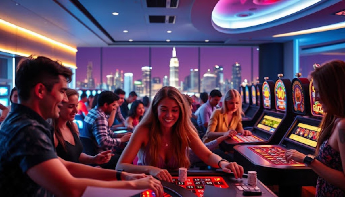 people playing at a casino table and slot machines