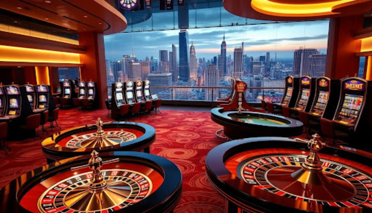 casino with red carpet, roulette tables and slot machines with new york skyline in background