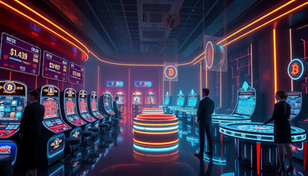 3 people standing in a futuristic casino with slot machines