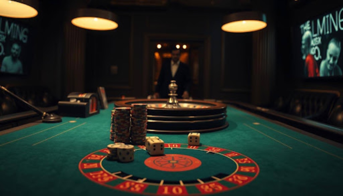roulette table with chips and dices on table