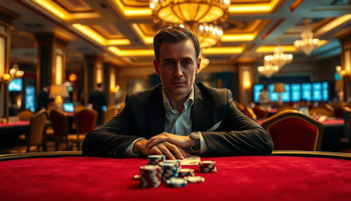 man in suit sitting at a poker table with cards and chips in front of him