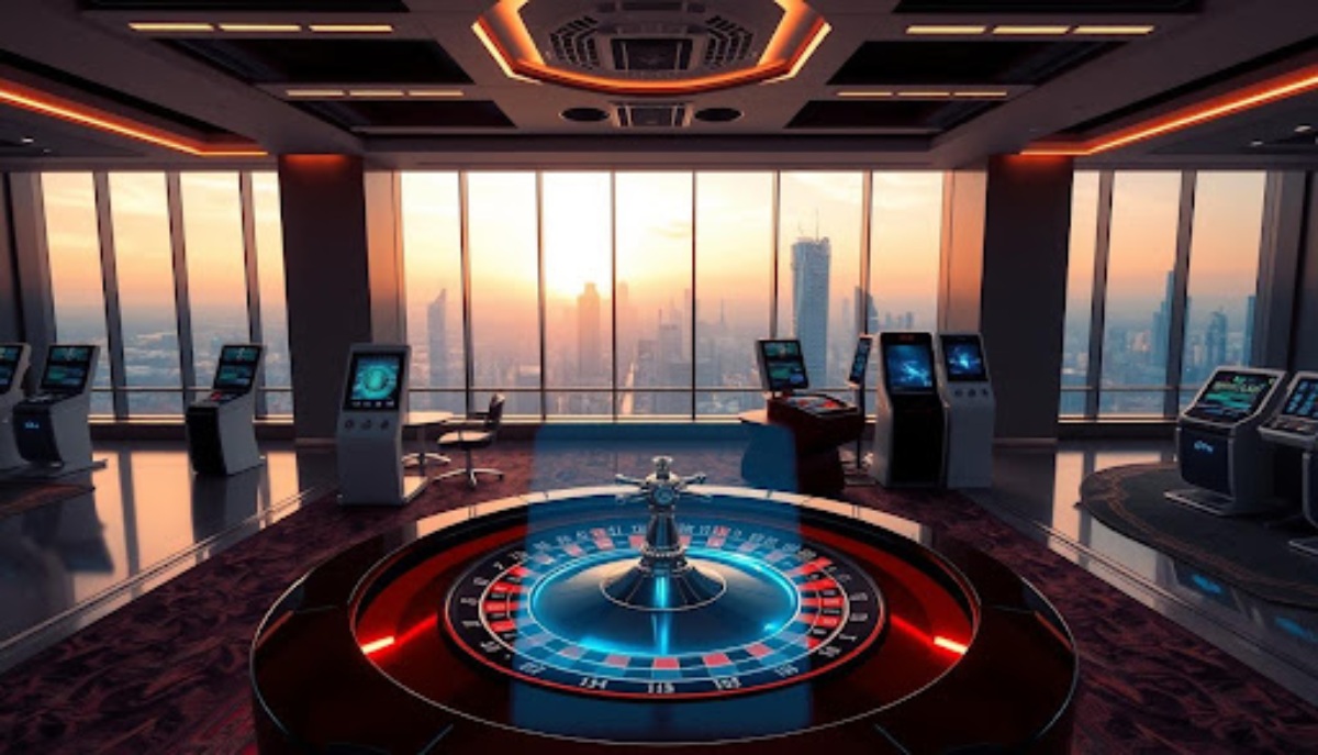 Roulette Table in modern casino with slot machines and city skyline in the background