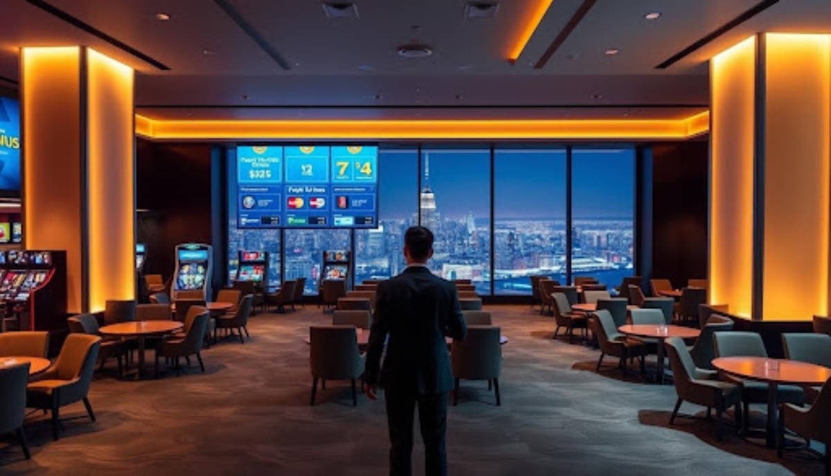 man in suit standing in a high rise casino with new york skyline in background