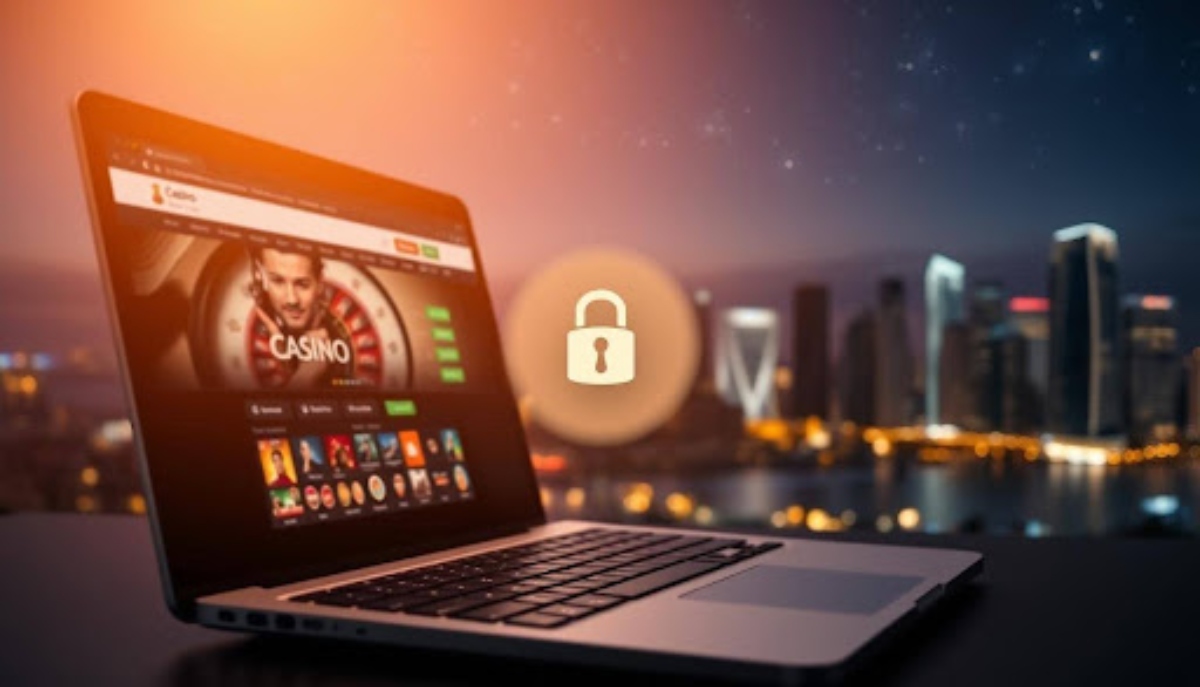 laptop displaying a casino website next to a lock
