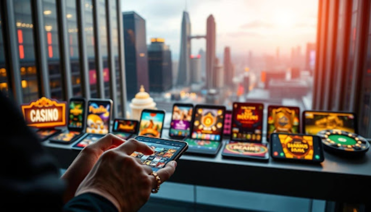several smartphones lined up on a table, displaying crypto casino websites