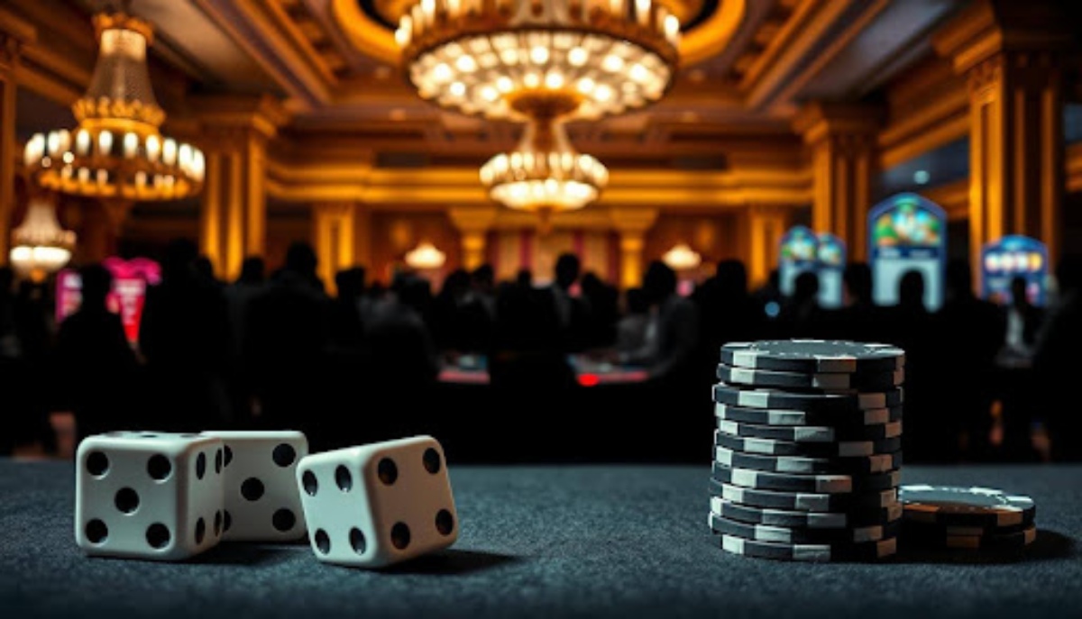 dices and casino chips in front of a crowd of people gambling at a casino