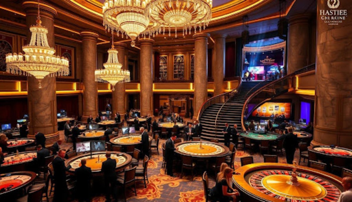 casino with blue carpet, chandelier and many tables